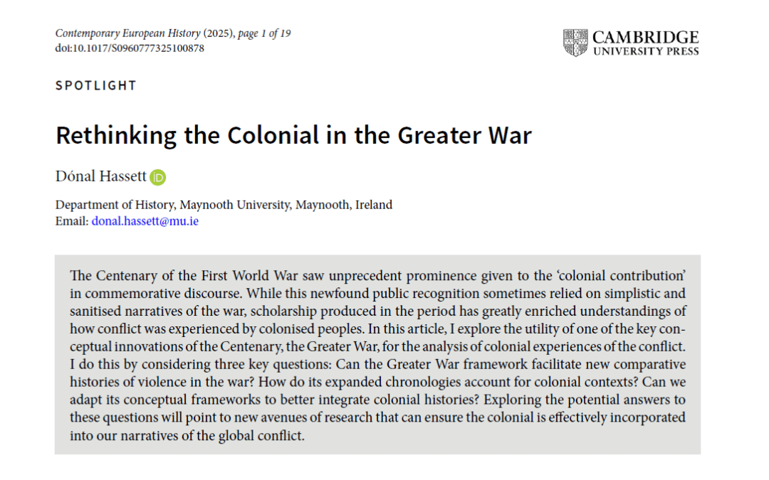 Project Publication: ‘Rethinking the Colonial in the Greater War’, Contemporary European History, (June 2025)